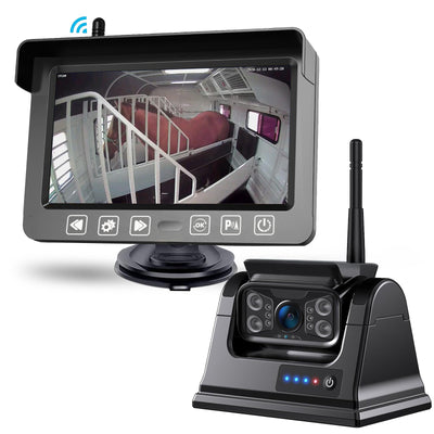 Equine Eye Venture wireless horse trailer camera with dedicated monitor showing a live feed 24/7