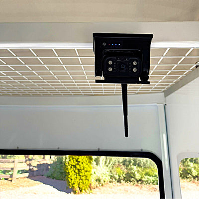 Equine Eye Venture camera mounted inside a horse float to monitor horses during transport.